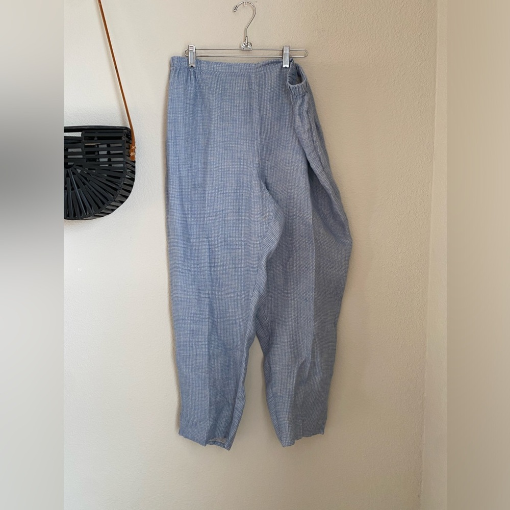 FLAX Blue Plaid Gingham Elastic Waist Cropped Pants, Size Large